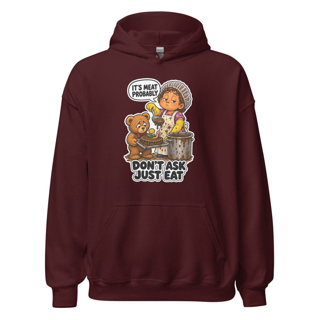 Lunch Lady Lou hoodie in Maroon, front view