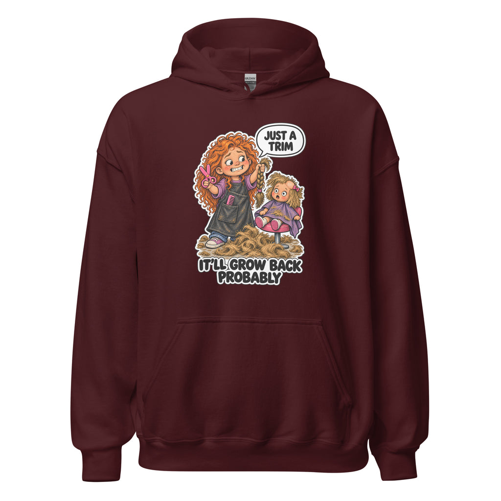 Hairdresser Holly hoodie in Maroon, front view