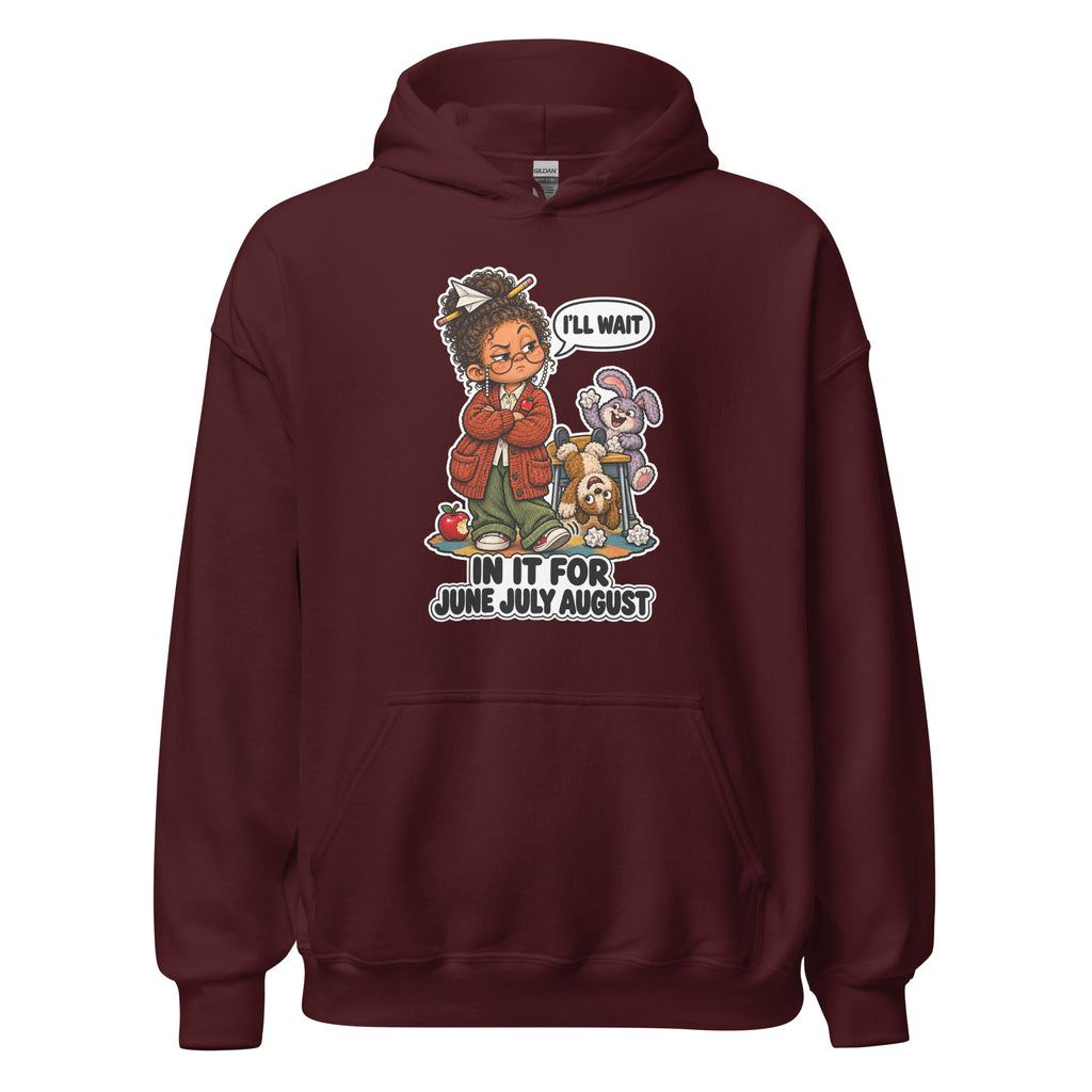 Teacher Trudy hoodie in Maroon, front view