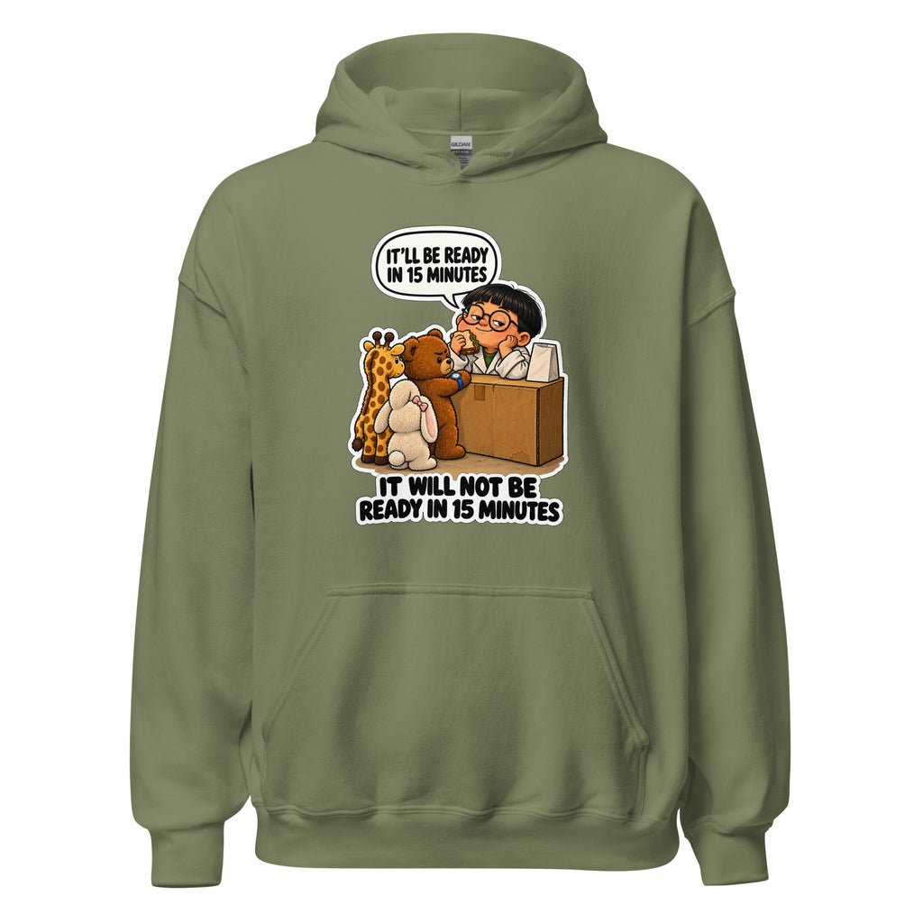 Pharmacist Phil hoodie in Military Green, front view