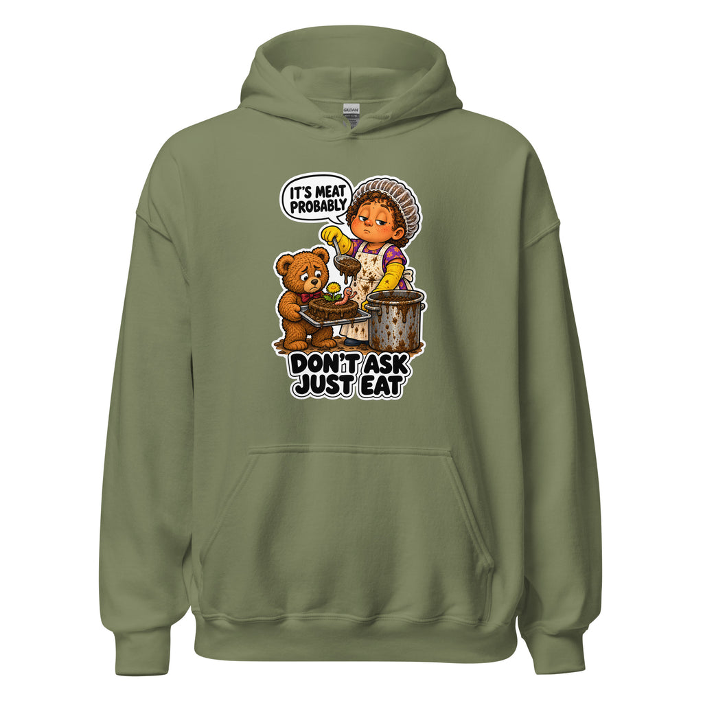 Lunch Lady Lou hoodie in Military Green, front view