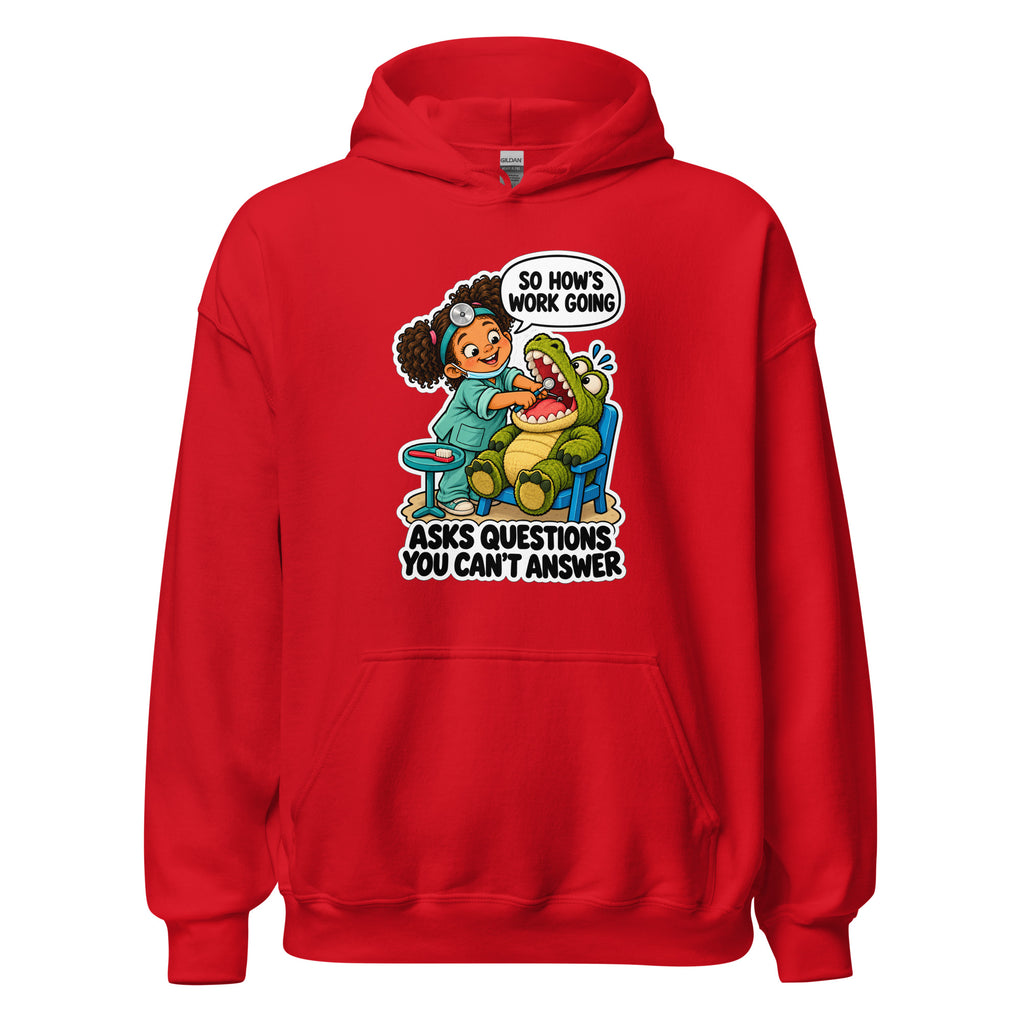 Dentist Dottie hoodie in Red, front view