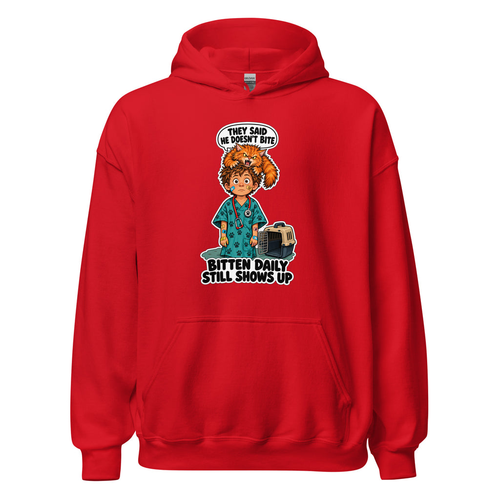 Vet Vinny hoodie in Red, front view
