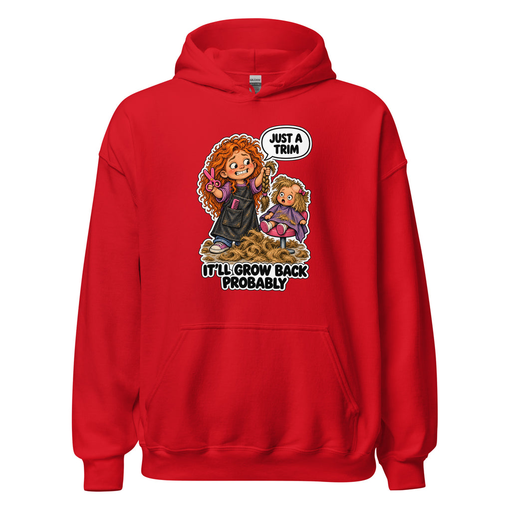 Hairdresser Holly hoodie in Red, front view