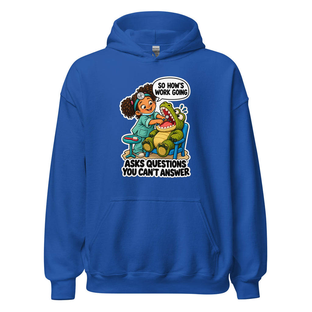 Dentist Dottie hoodie in Royal, front view