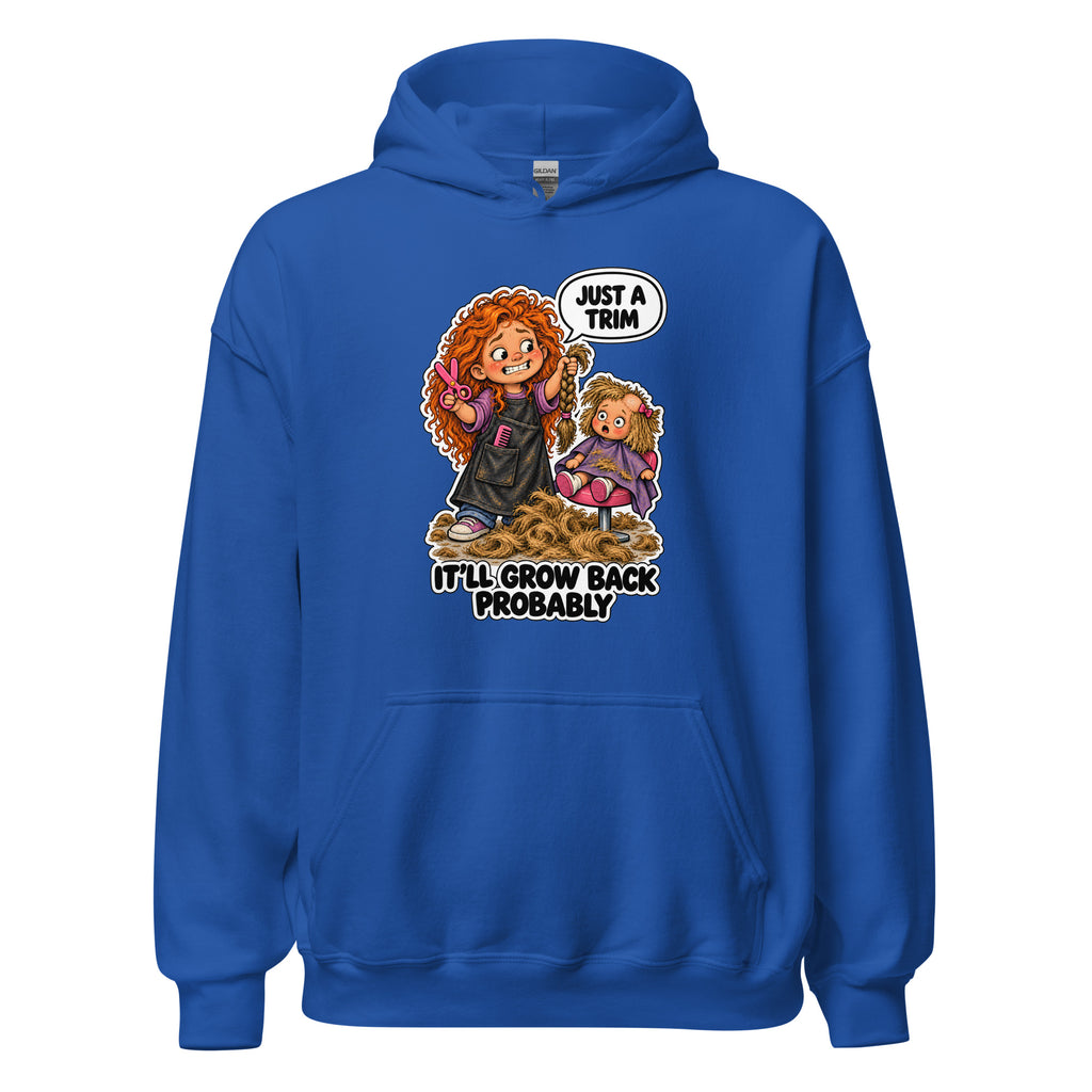 Hairdresser Holly hoodie in Royal, front view