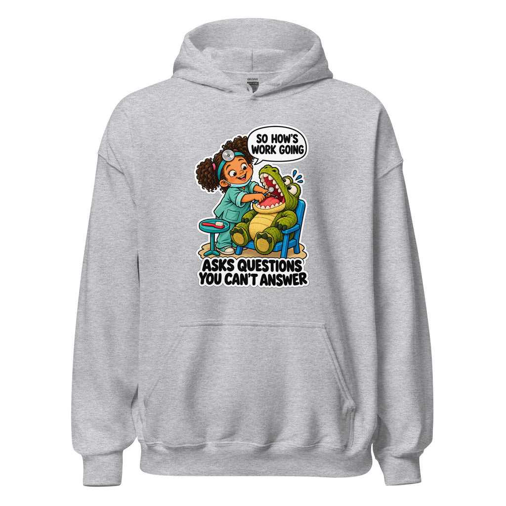Dentist Dottie hoodie in Sport Grey, front view