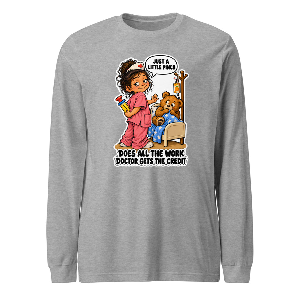 Nurse Nelly long sleeve tee in Athletic Heather, front view