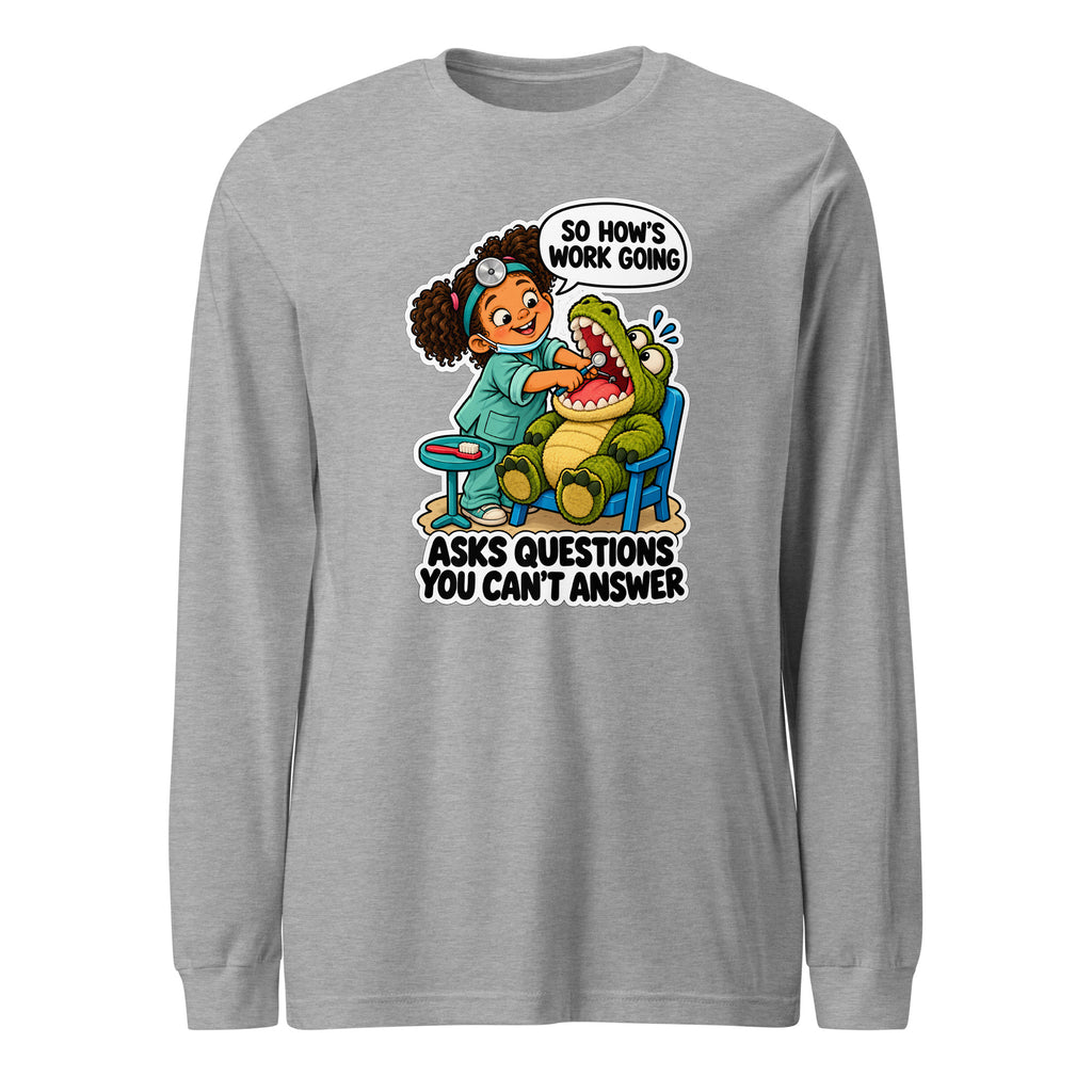 Dentist Dottie long sleeve tee in Athletic Heather, front view