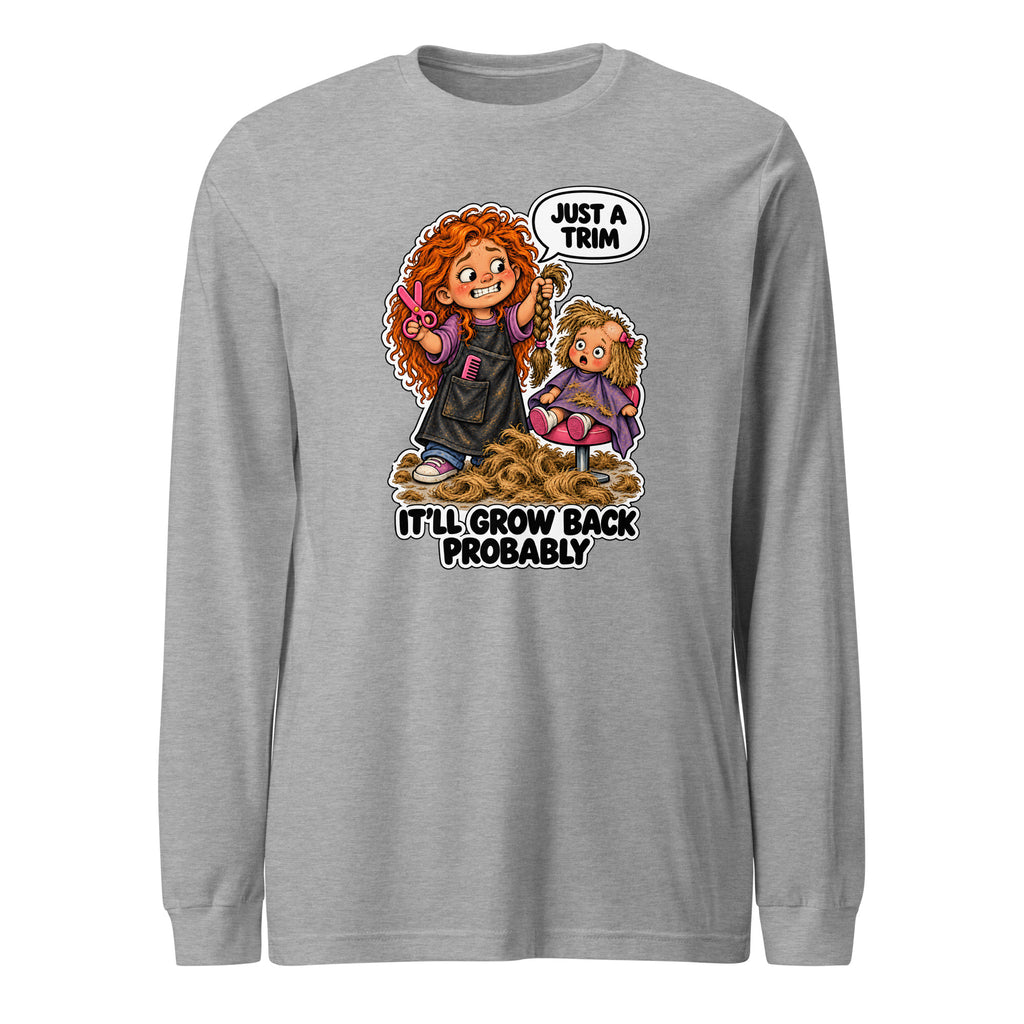 Hairdresser Holly long sleeve tee in Athletic Heather, front view