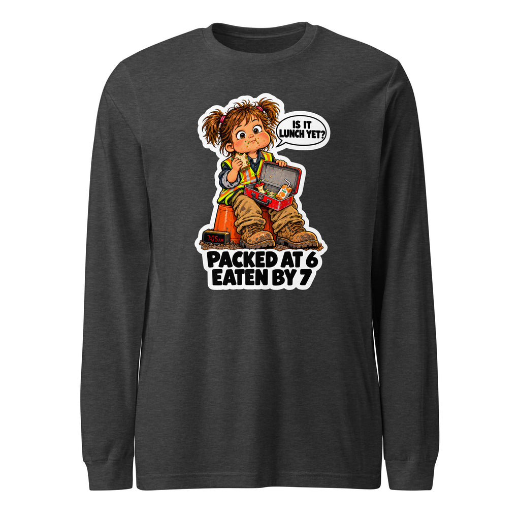 Lunchbox Lucy long sleeve tee in Dark Grey Heather, front view
