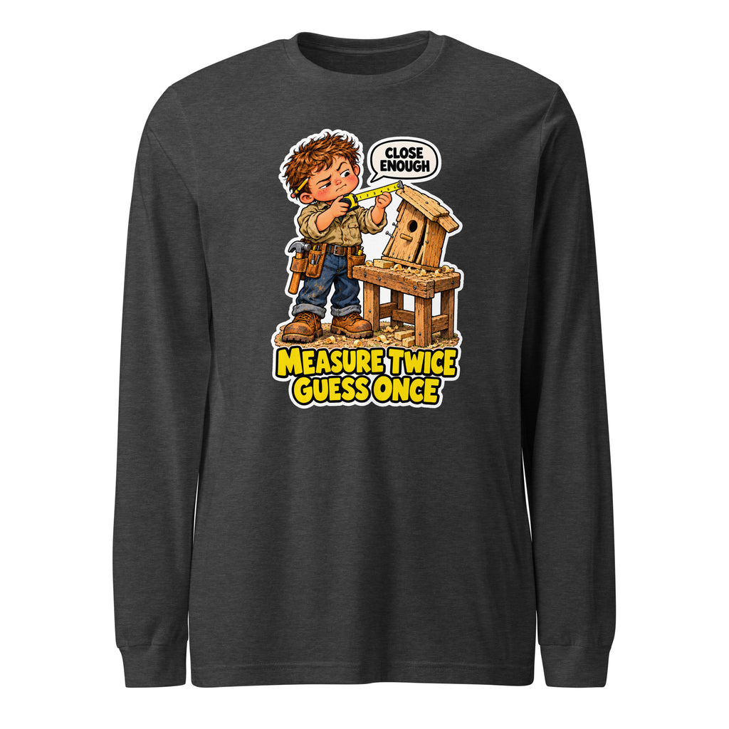 Measure Twice Milo long sleeve tee in Dark Grey Heather, front view