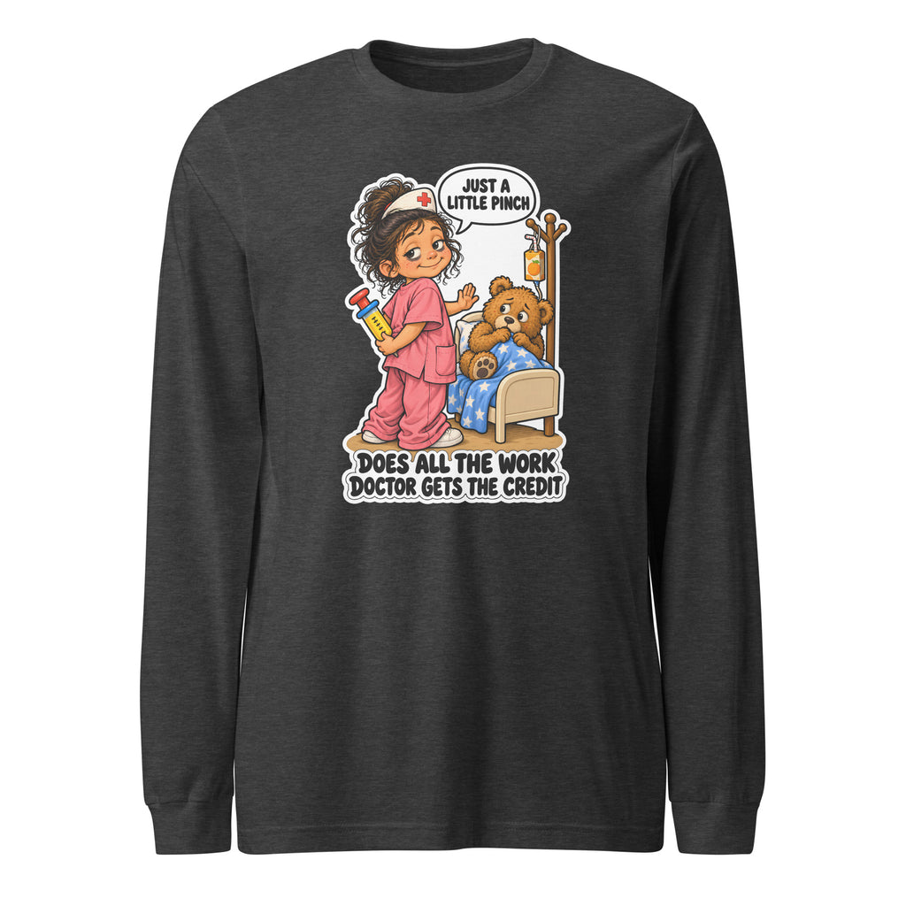 Nurse Nelly long sleeve tee in Dark Grey Heather, front view
