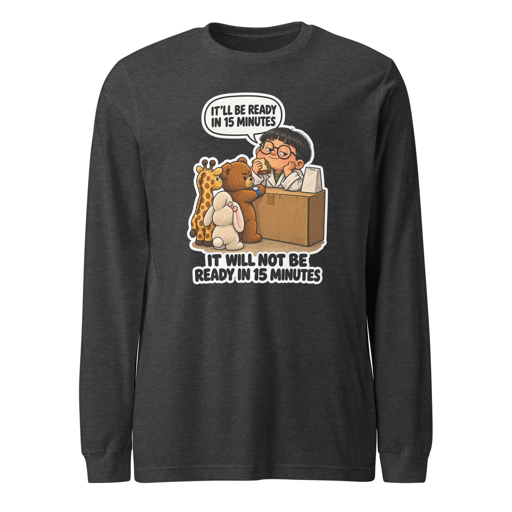 Pharmacist Phil long sleeve tee in Dark Grey Heather, front view