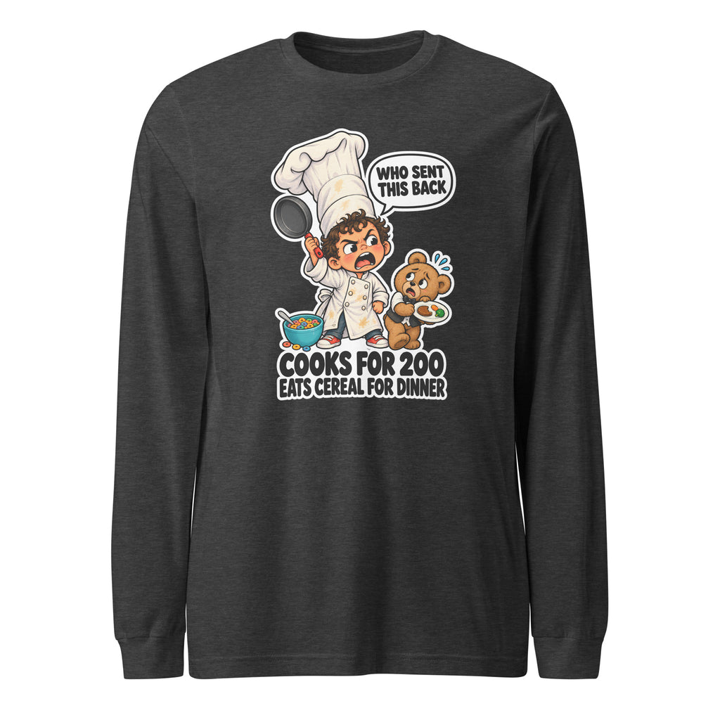 Chef Charlie long sleeve tee in Dark Grey Heather, front view