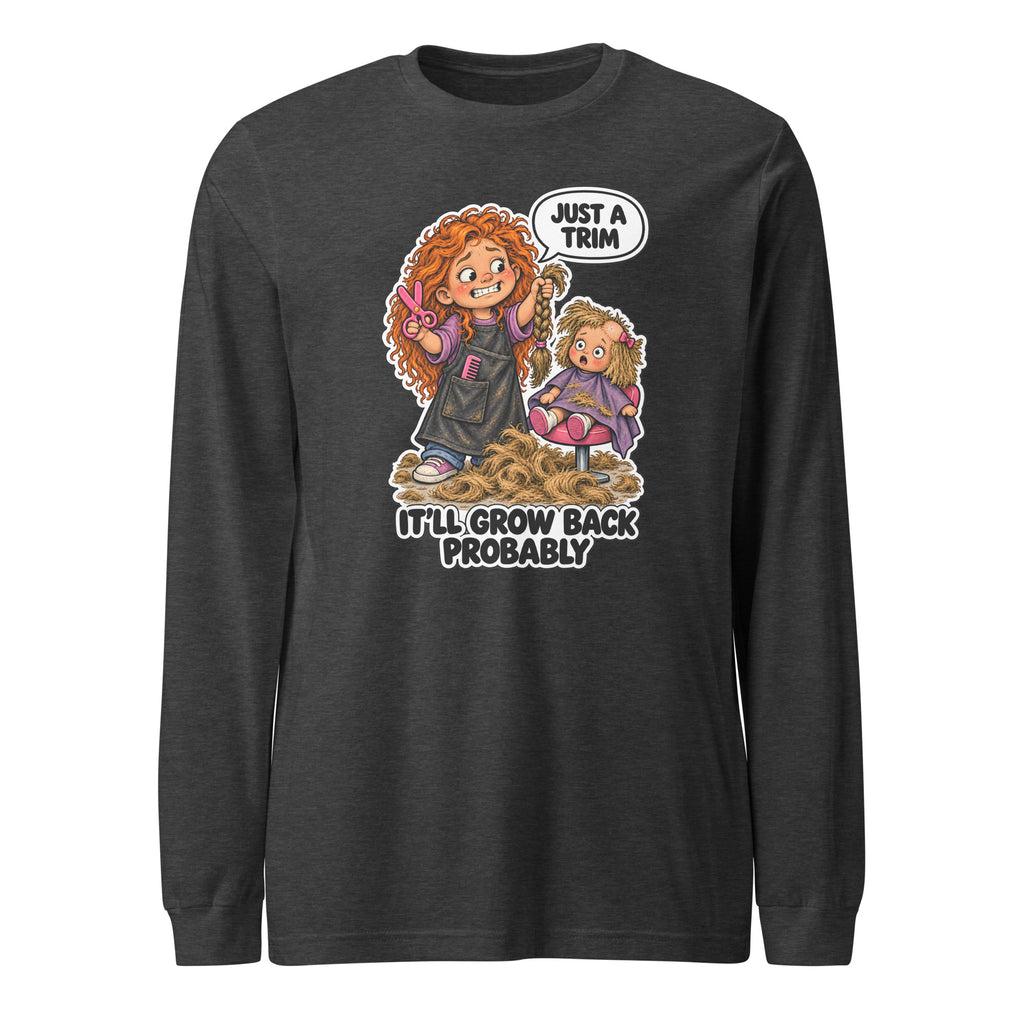 Hairdresser Holly long sleeve tee in Dark Grey Heather, front view
