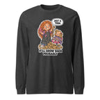 Hairdresser Holly long sleeve tee in Dark Grey Heather, front view