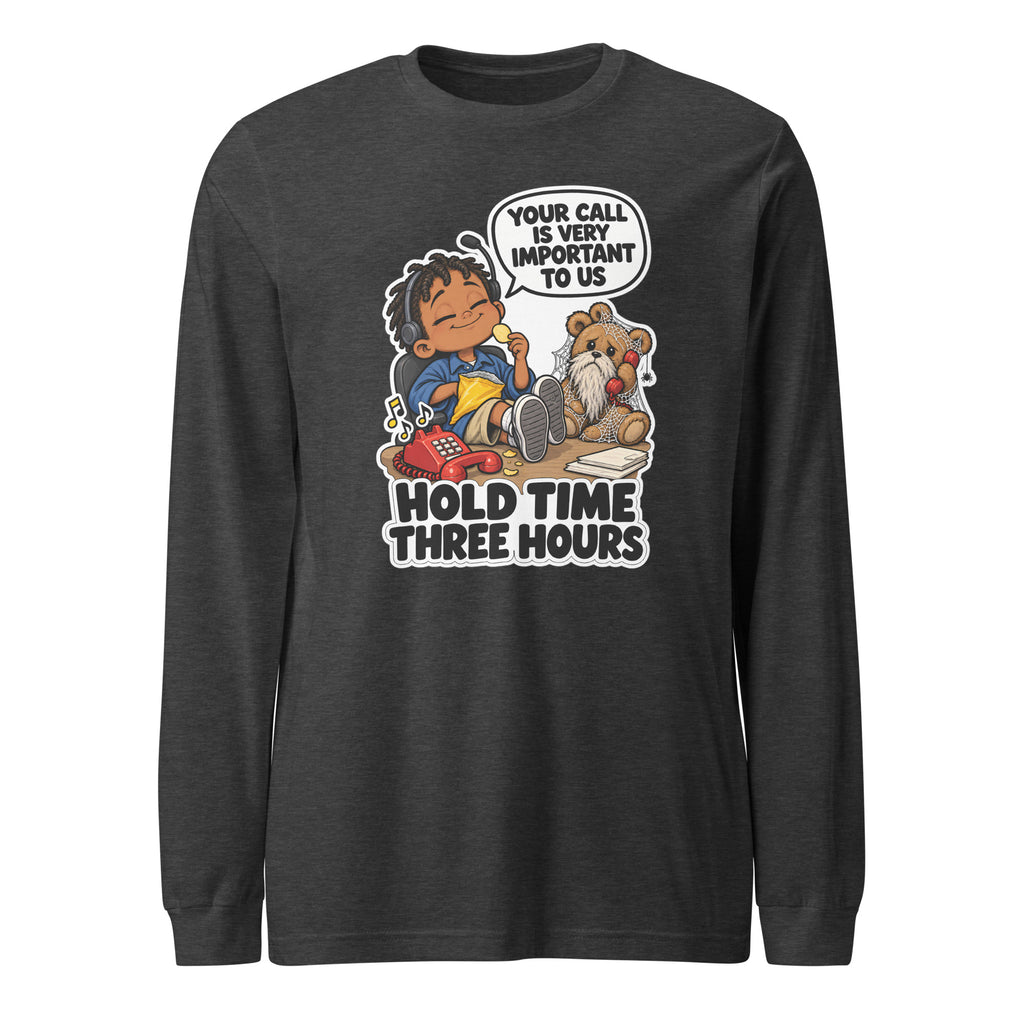 Customer Service Carl long sleeve tee in Dark Grey Heather, front view