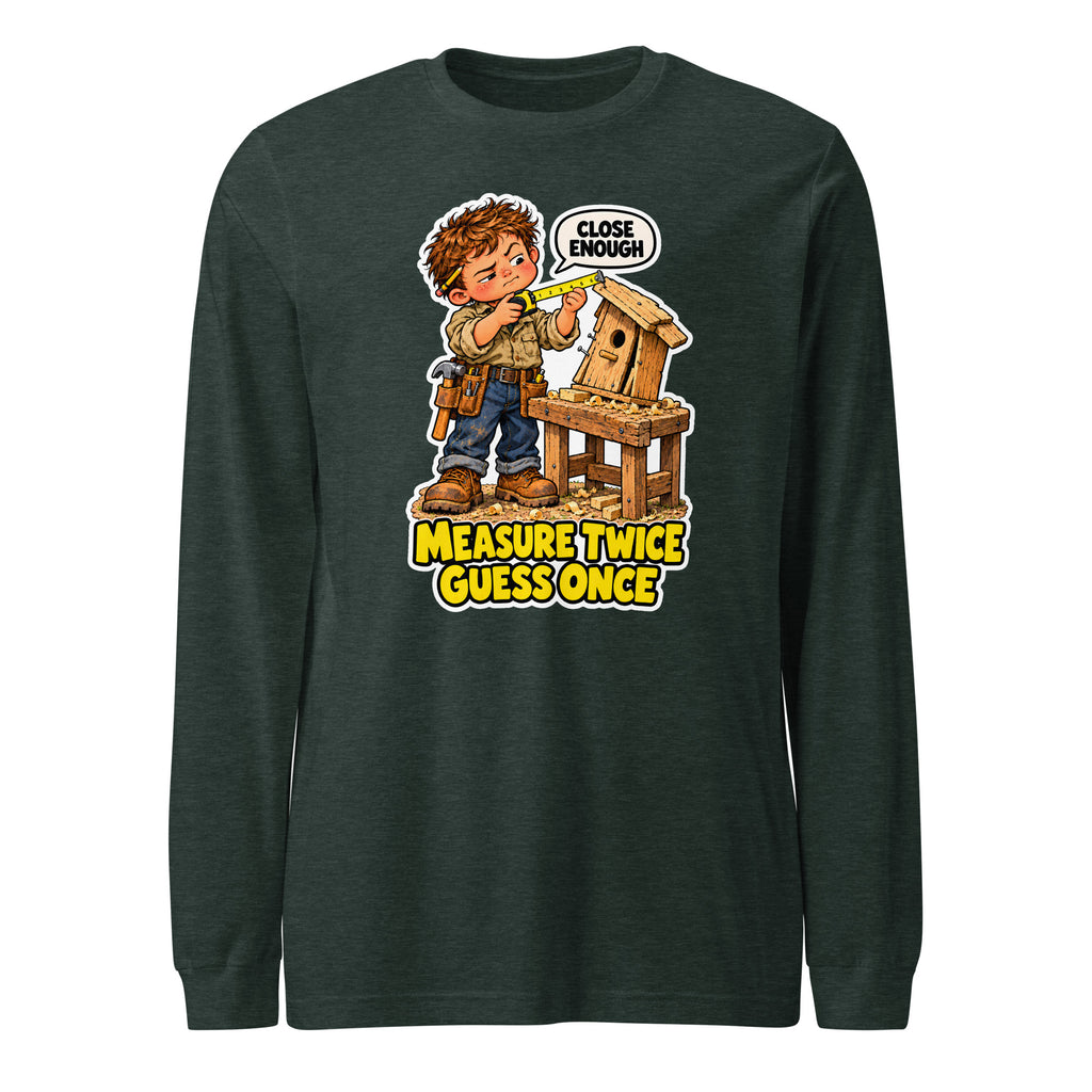 Measure Twice Milo long sleeve tee in Heather Forest, front view