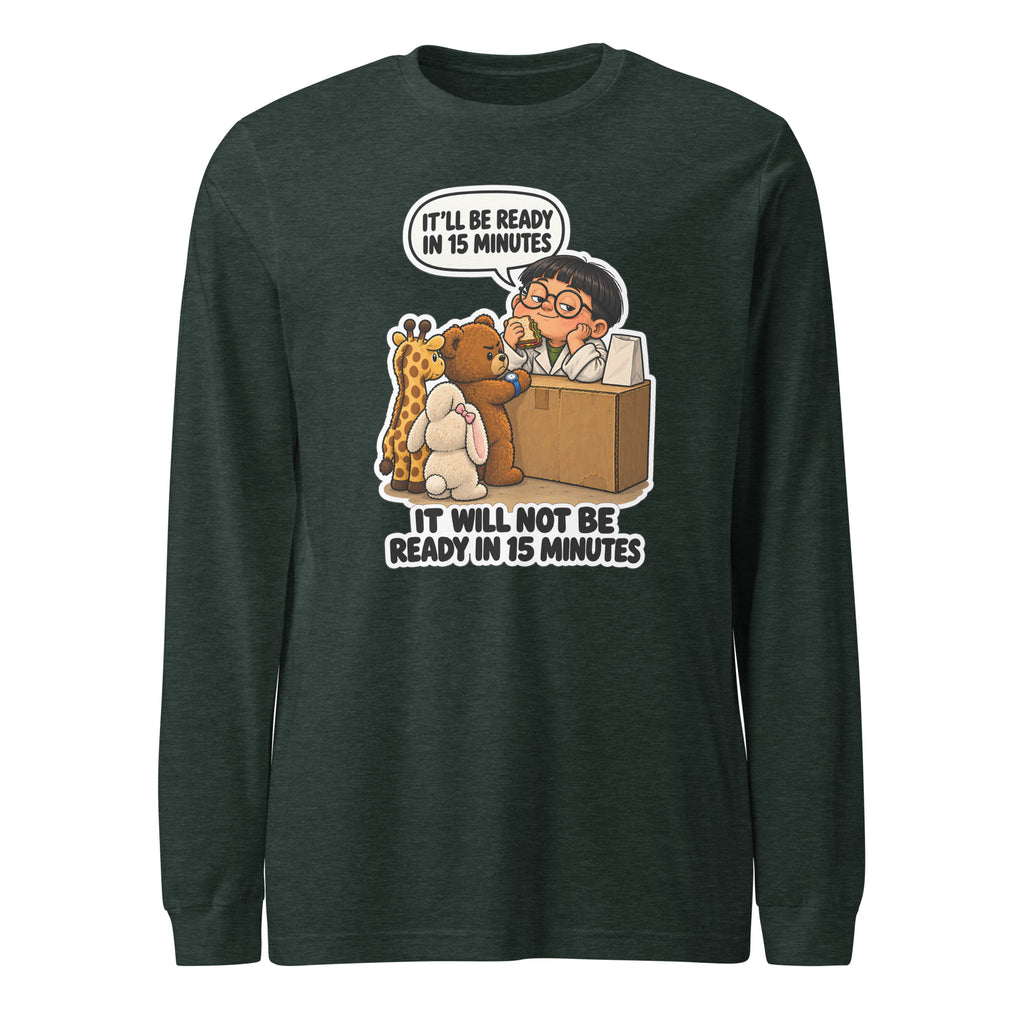 Pharmacist Phil long sleeve tee in Heather Forest, front view