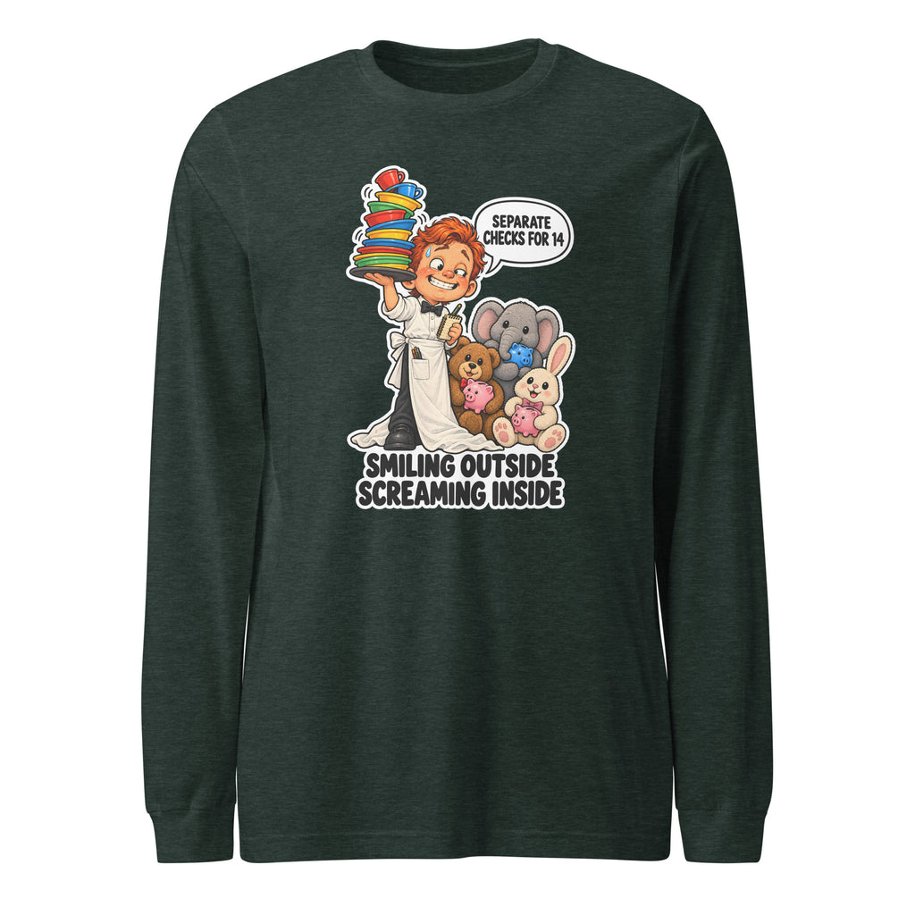 Waiter Wes long sleeve tee in Heather Forest, front view