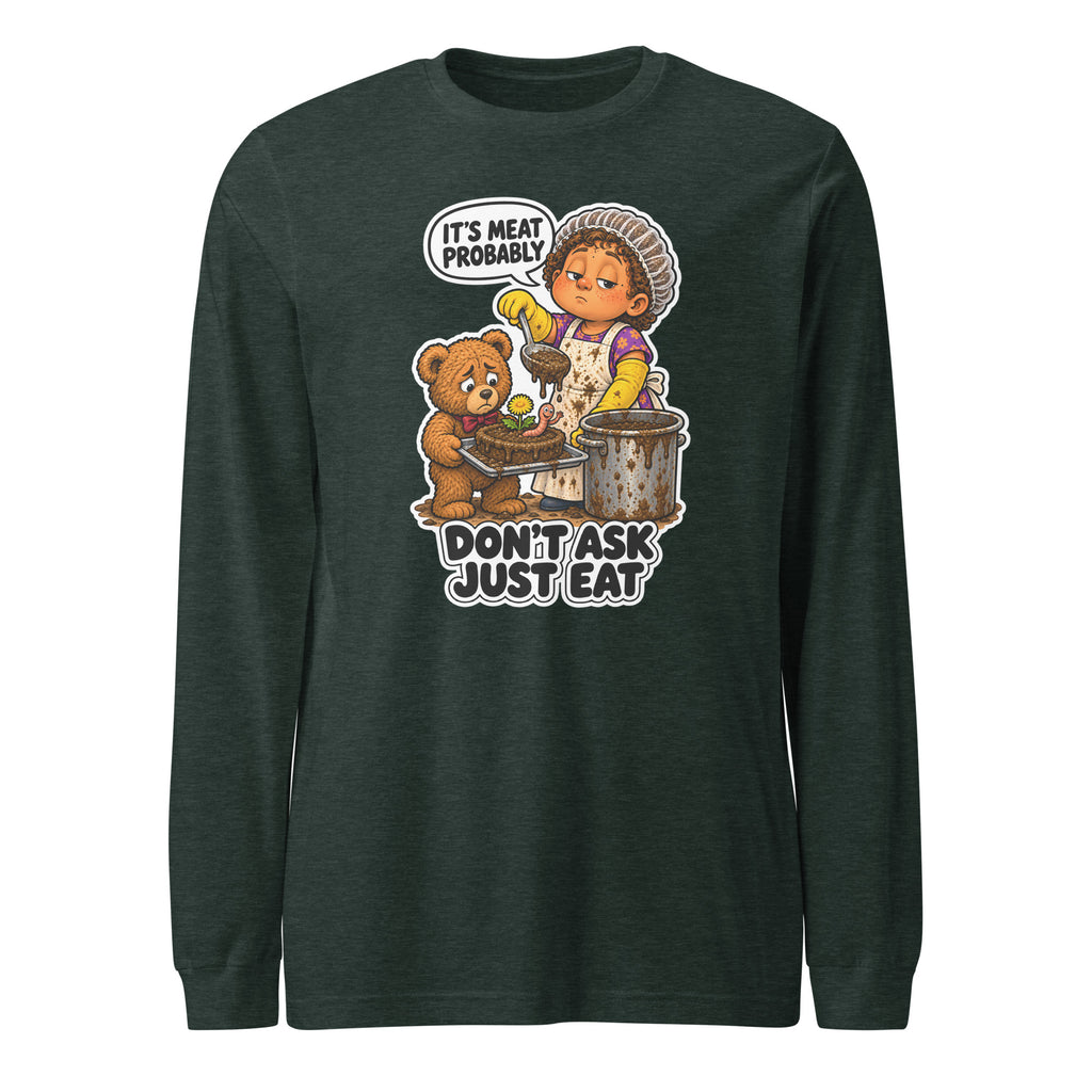 Lunch Lady Lou long sleeve tee in Heather Forest, front view