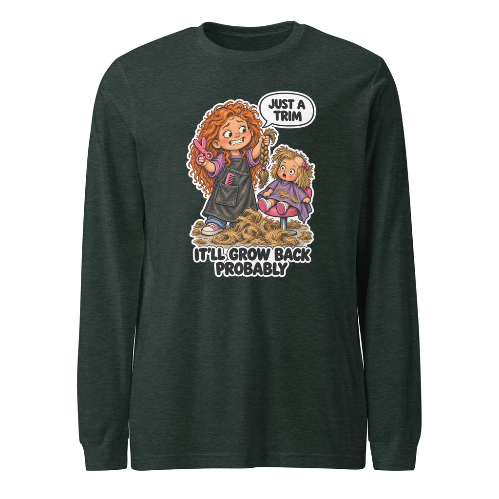 Hairdresser Holly long sleeve tee in Heather Forest, front view