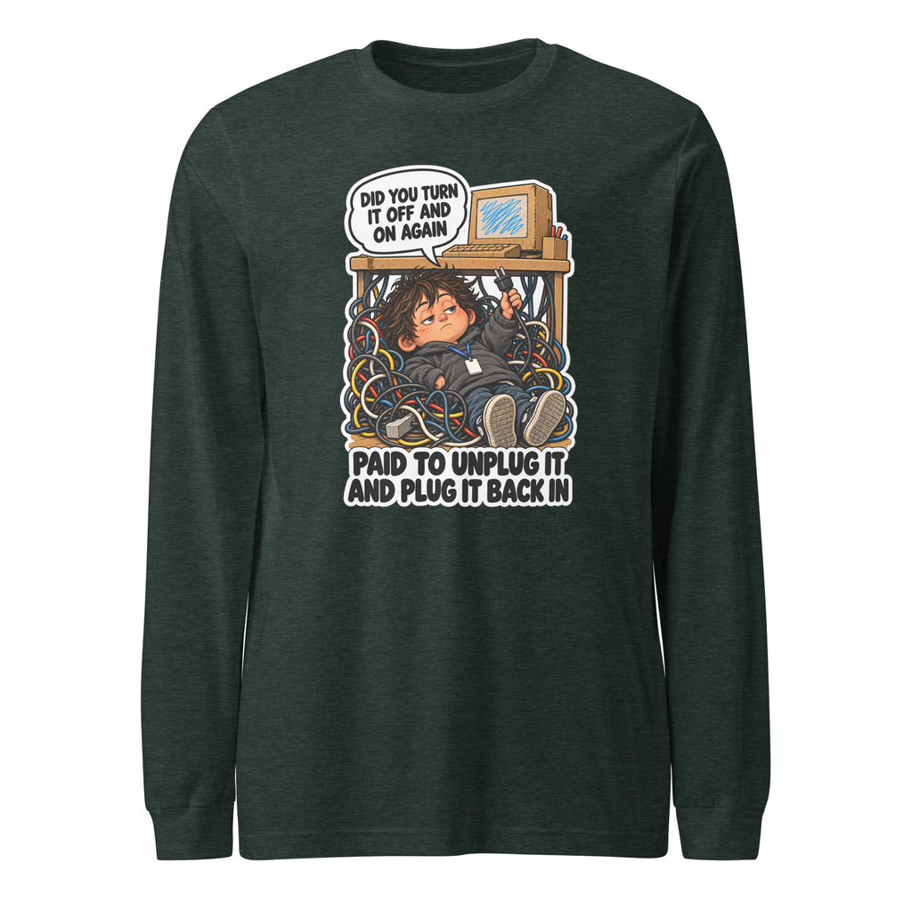 IT Guy Iggy long sleeve tee in Heather Forest, front view
