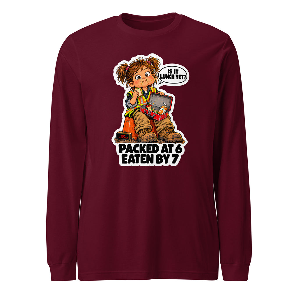Lunchbox Lucy long sleeve tee in Maroon, front view