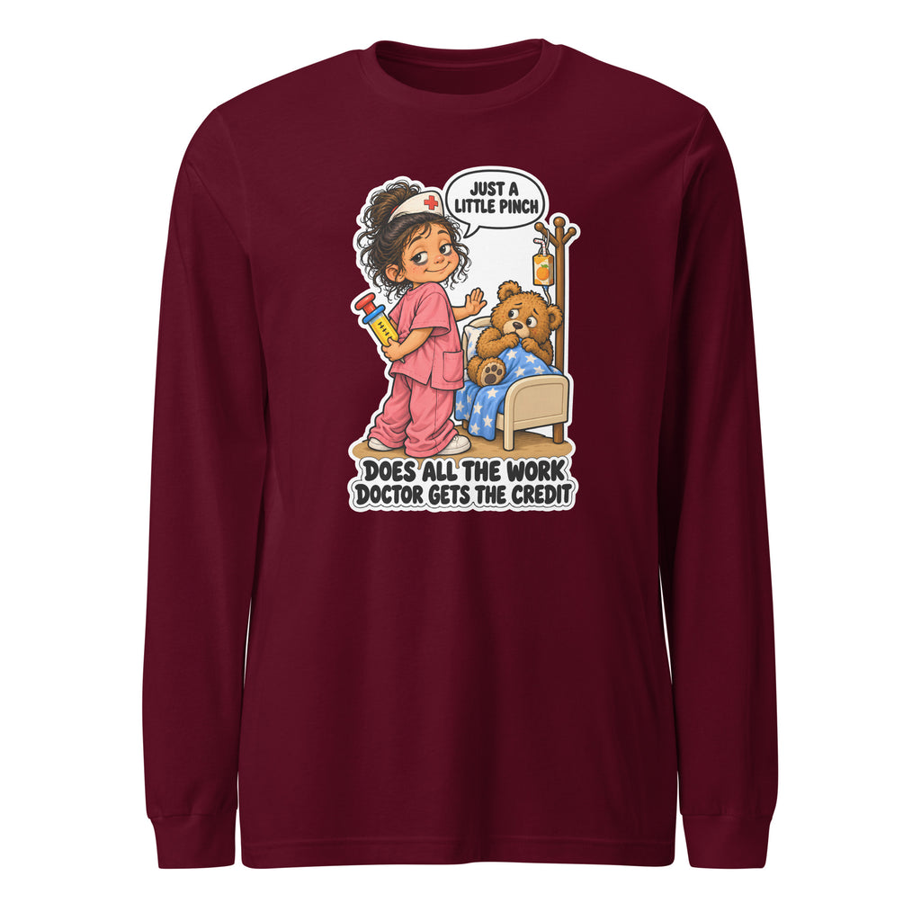 Nurse Nelly long sleeve tee in Maroon, front view