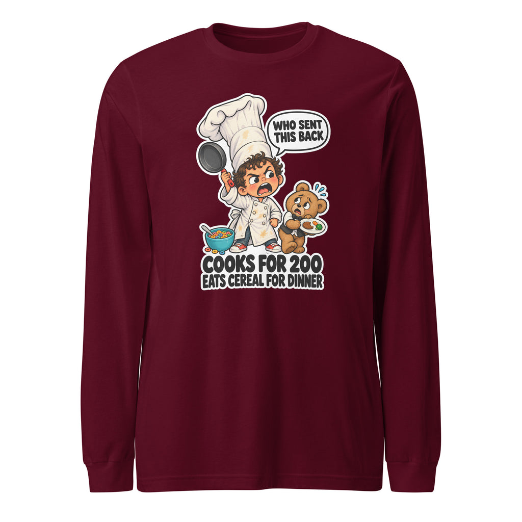 Chef Charlie long sleeve tee in Maroon, front view
