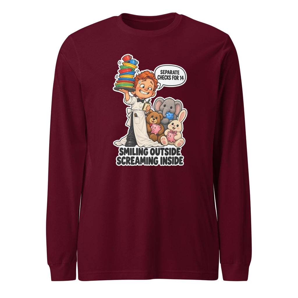 Waiter Wes long sleeve tee in Maroon, front view