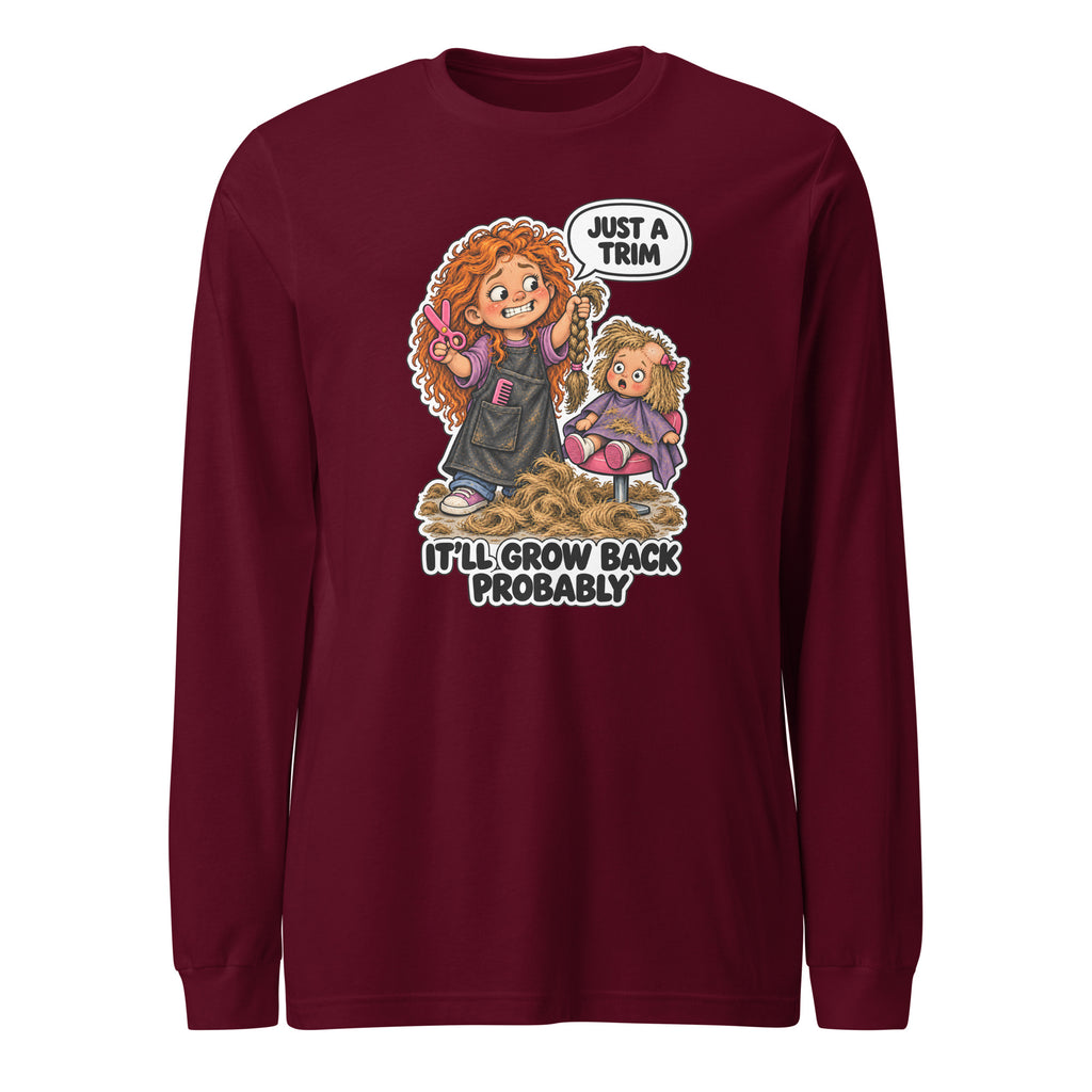 Hairdresser Holly long sleeve tee in Maroon, front view
