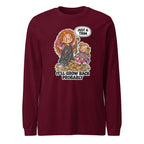 Hairdresser Holly long sleeve tee in Maroon, front view