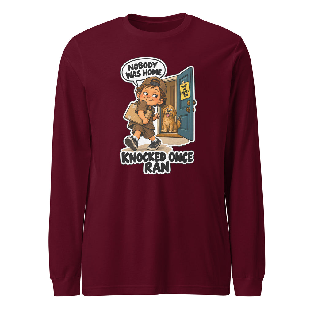 Delivery Dex long sleeve tee in Maroon, front view
