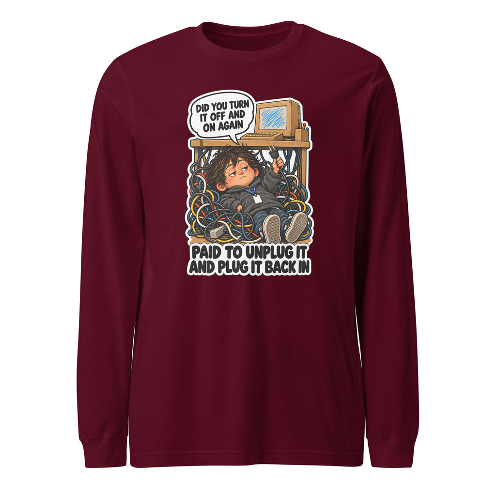 IT Guy Iggy long sleeve tee in Maroon, front view