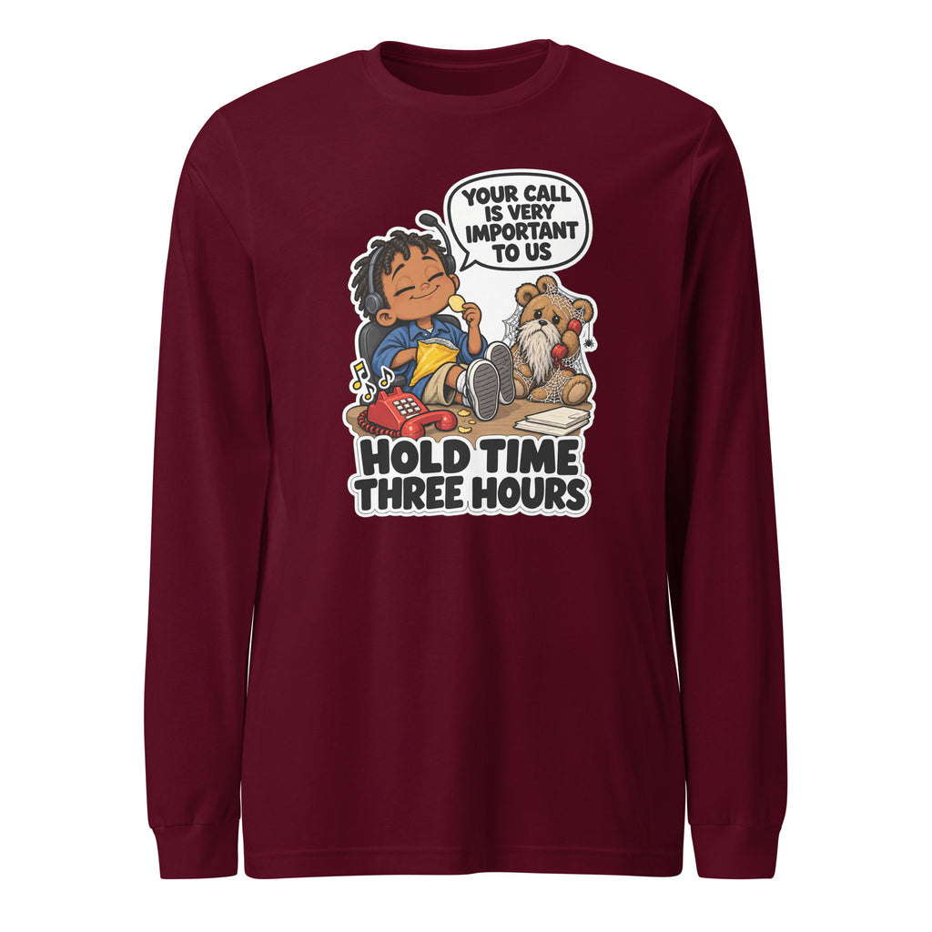 Customer Service Carl long sleeve tee in Maroon, front view