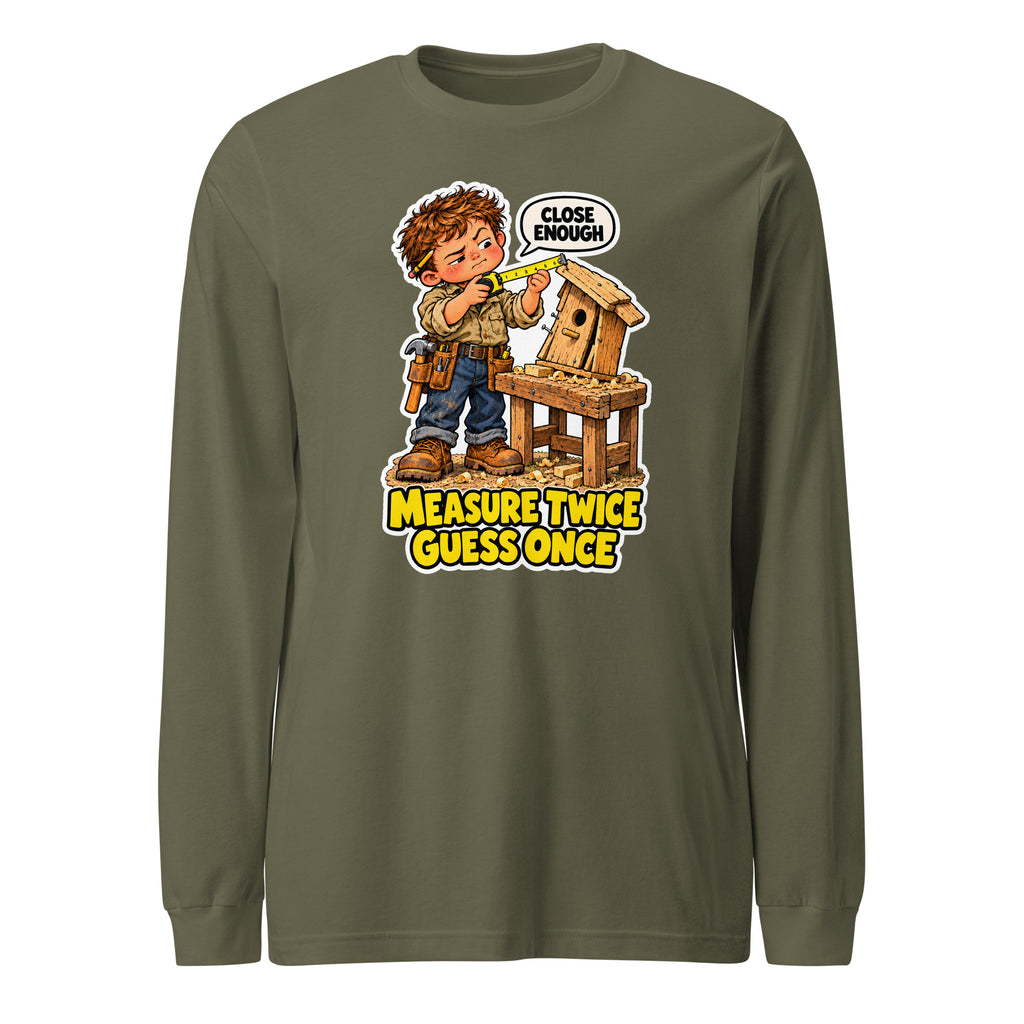 Measure Twice Milo long sleeve tee in Military Green, front view