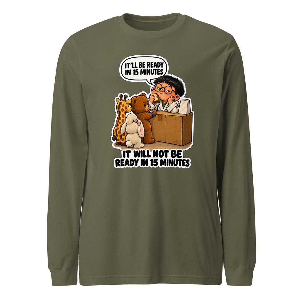 Pharmacist Phil long sleeve tee in Military Green, front view