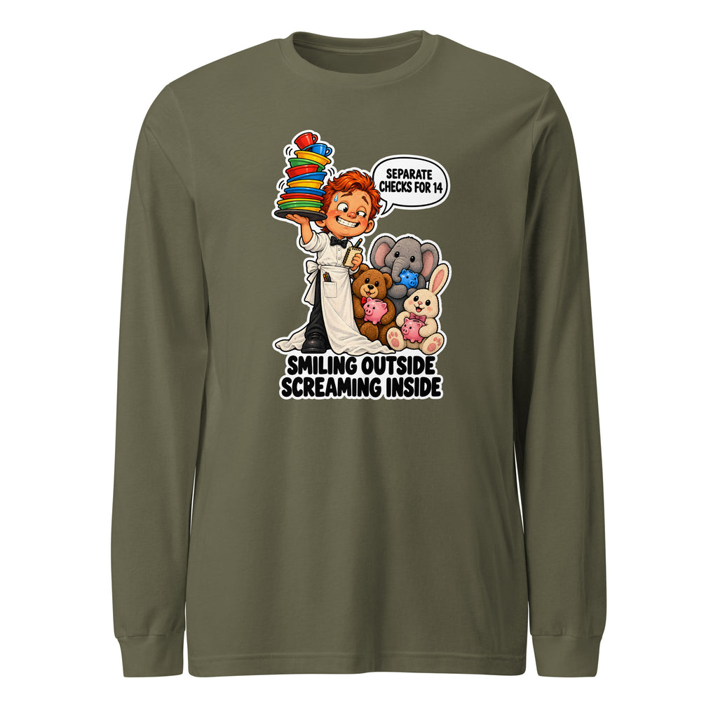Waiter Wes long sleeve tee in Military Green, front view