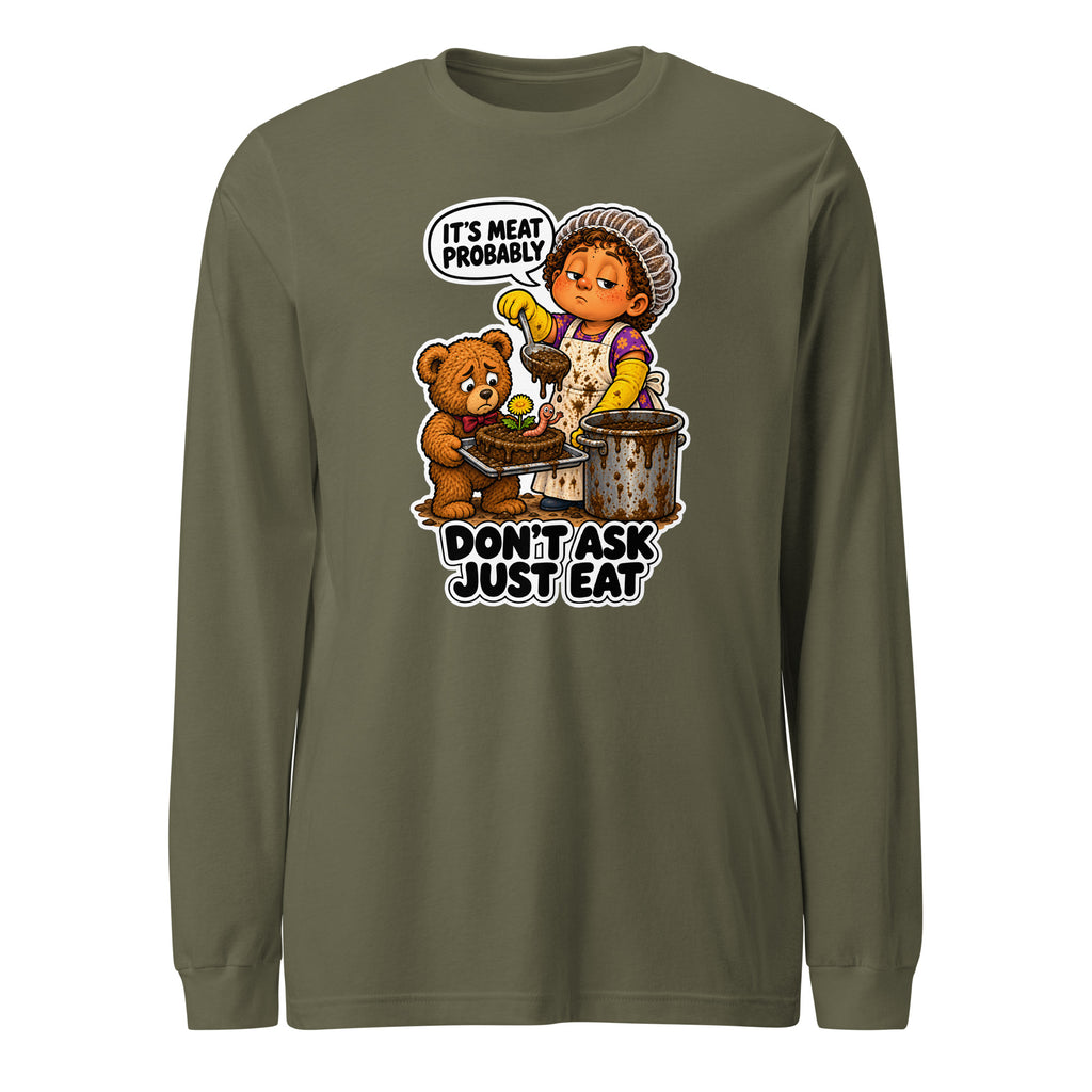 Lunch Lady Lou long sleeve tee in Military Green, front view