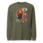 Hairdresser Holly long sleeve tee in Military Green, front view