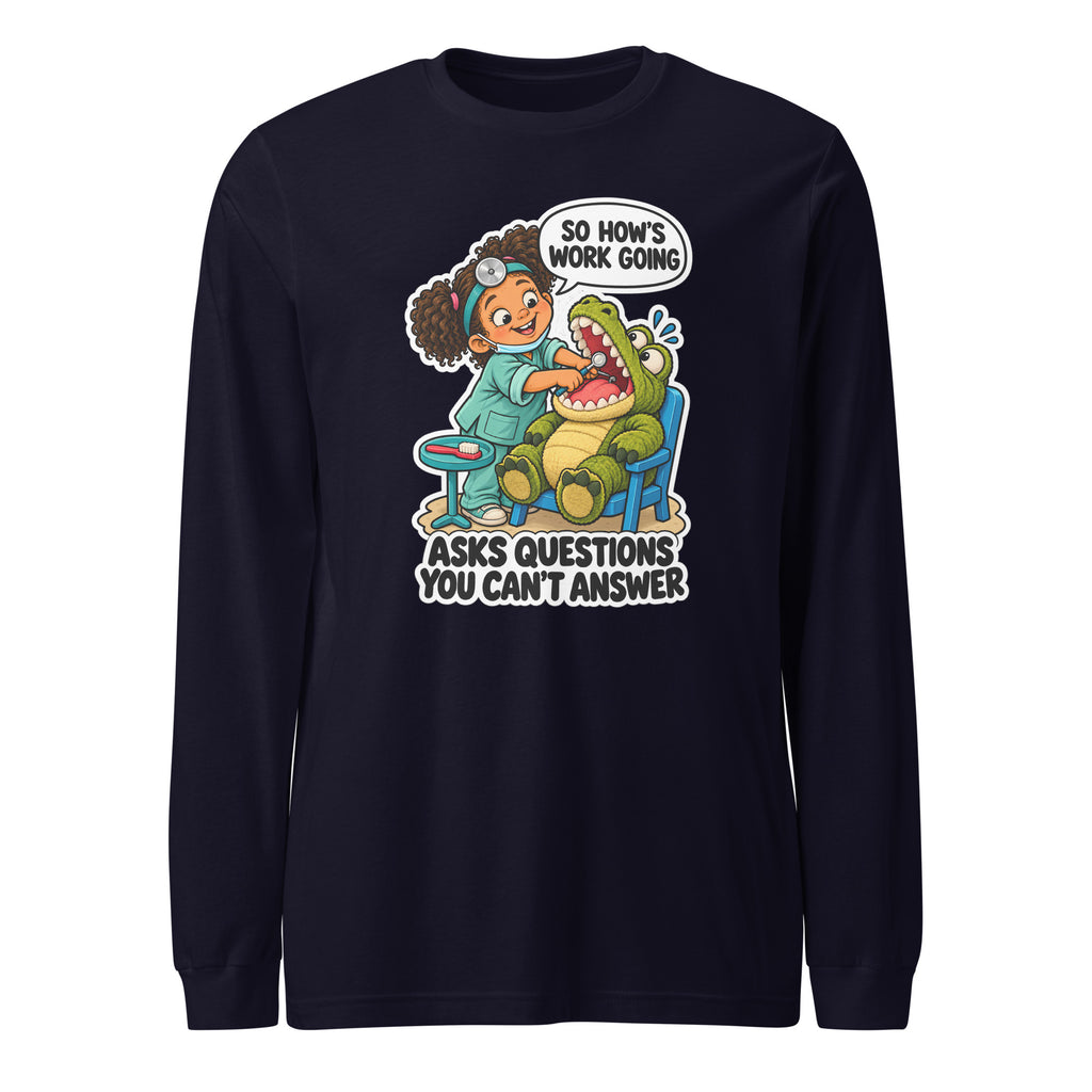 Dentist Dottie long sleeve tee in Navy, front view