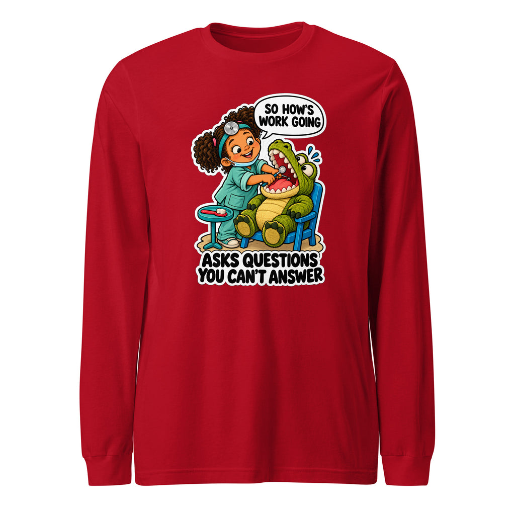 Dentist Dottie long sleeve tee in Red, front view