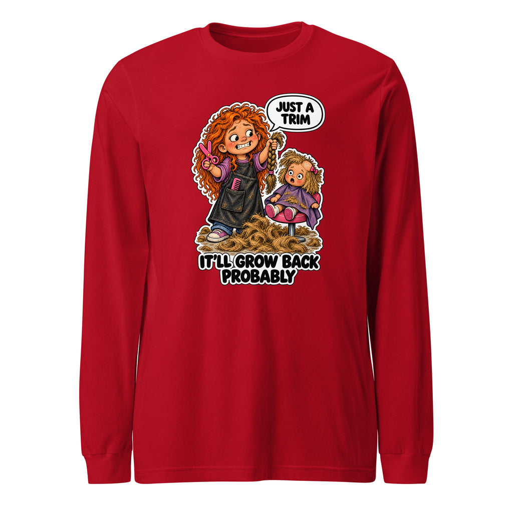 Hairdresser Holly long sleeve tee in Red, front view