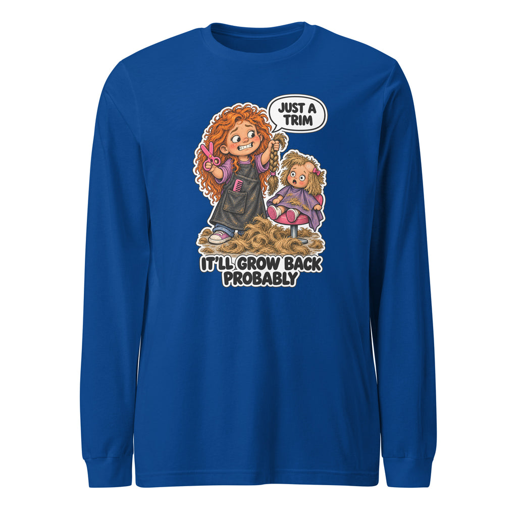 Hairdresser Holly long sleeve tee in True Royal, front view
