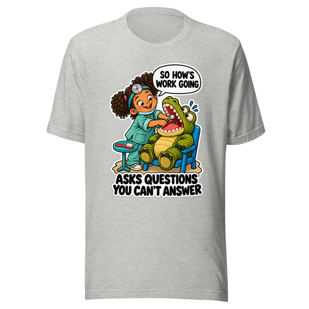 Dentist Dottie T-shirt in Athletic Heather, front view