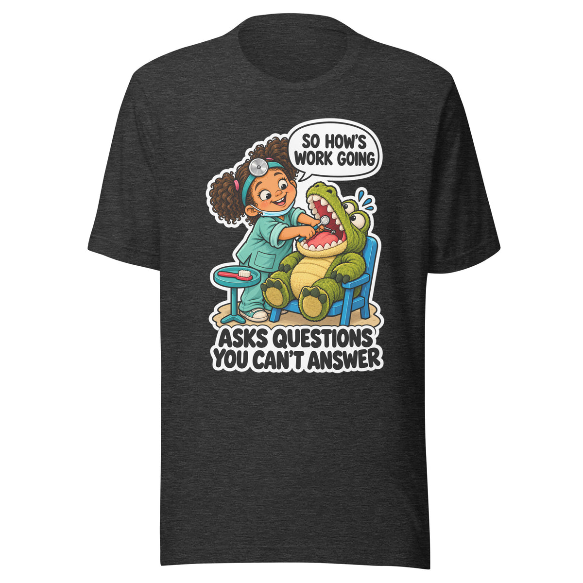 Dentist Dottie T-shirt in Dark Grey Heather, front view