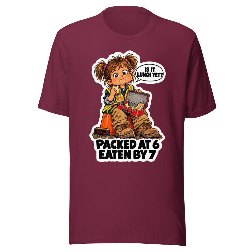 Lunchbox Lucy T-shirt in Maroon, front view