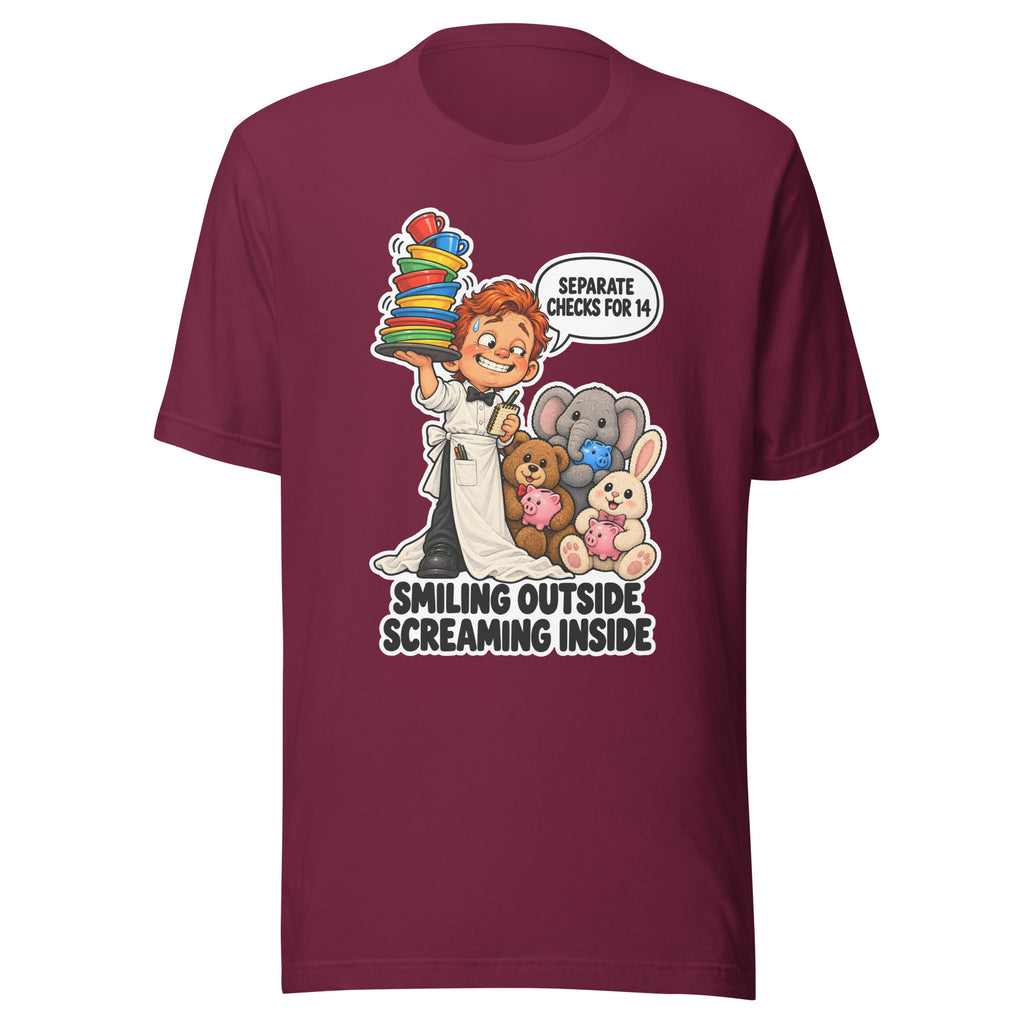 Waiter Wes T-shirt in Maroon, front view